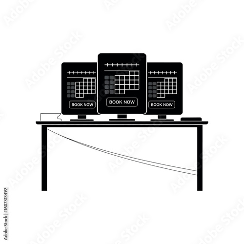 Three black computer screens displaying calendar grids and book now buttons monitor booking