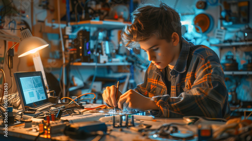 Young electronics hobbyist learning circuit design and soldering in home workshop with computer and electronic components