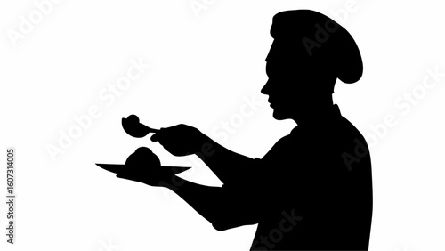 Silhouette of a chef in uniform holding a plate and spoon preparing a dish with careful presentation style | editable eps vectors