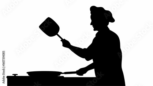 Silhouette of a chef cooking with a pan and spatula in a kitchen on a stove top surface area | editable eps vectors