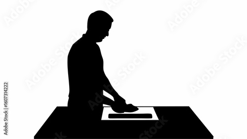 Silhouette of a man ironing clothes on a table with an iron and a white ironing board in monochrome | editable eps vectors