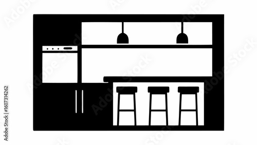 Illustration of a kitchen interior featuring a dishwasher bar stools and hanging lights in black and white | editable eps vectors