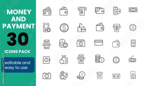 Editable Line Icons of Digital Payments, Finance, and Currency Transactions