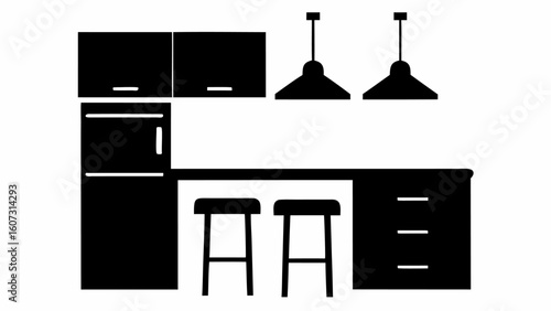 Illustration of a kitchen interior with cabinets, refrigerator, counter, stools, and pendant lights overhead | editable eps vectors