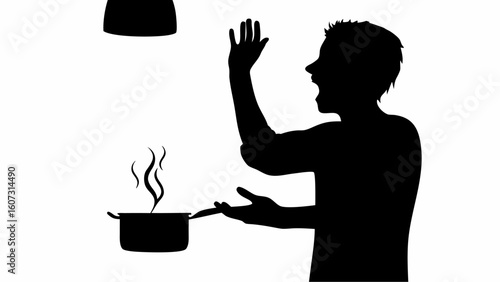 Silhouette of a man reacting to something on the stove with steam rising and a light overhead above him | editable eps vectors