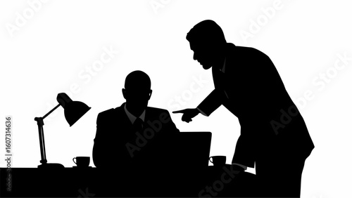 Silhouette of two businessmen in an office setting with a desk lamp and coffee cups on the table top | editable eps vectors