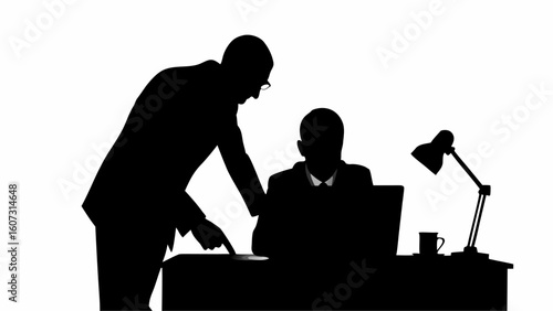Silhouette of two businessmen in an office setting with a desk lamp and a coffee mug on the table top | editable eps vectors
