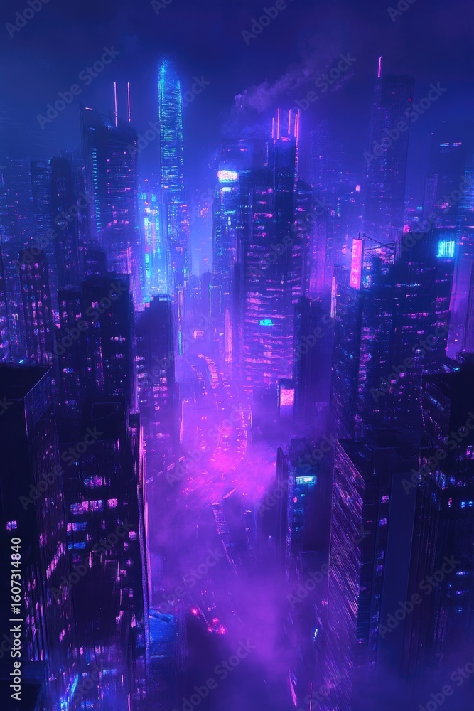 Obraz premium A vibrant, purple-toned cityscape at night. Neon glows illuminate tall buildings. Foggy atmosphere