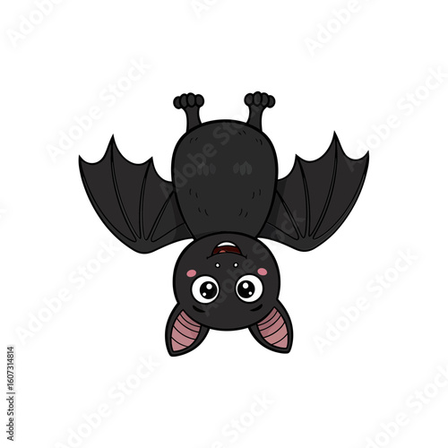 A cute cartoon bat is hanging upside down, isolated on white background