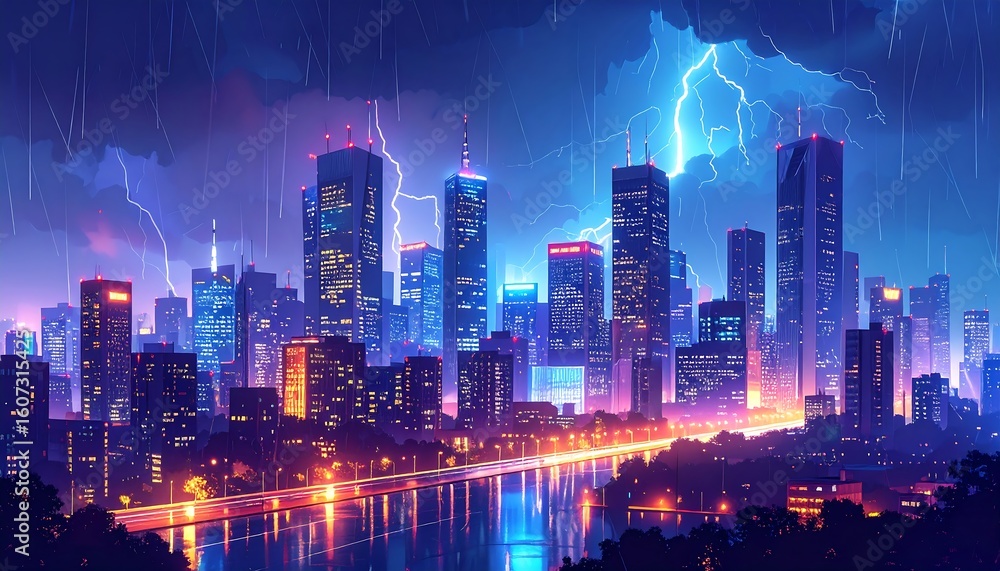 Fototapeta premium Cityscape at night, vibrant storm