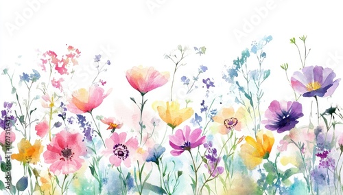 Fototapeta Naklejka Na Ścianę i Meble -  Watercolor floral border.  Colorful flowers in various shades of pink, yellow, purple, blue, and orange bloom in a meadow.  Soft watercolor style