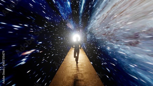 Man running om a golden road  through space stars and nebula