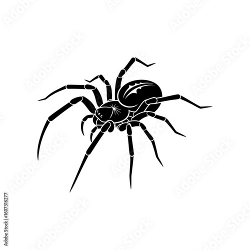 A black spider with many legs is isolated on white background
