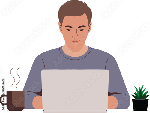 Young man smiling and working casually on a laptop, using technology in an office