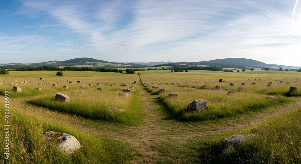 Fototapeta premium A scenic panoramic landscape of a prehistoric stone circle with a path diverging in a green field.