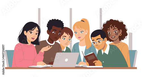 Diverse students collaborate on project using laptop and books in modern classroom