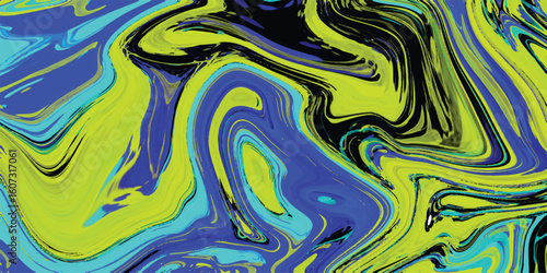 Vibrant abstract marbling with swirling yellow blue and black hues illustrating fluid dynamics and artistic expression