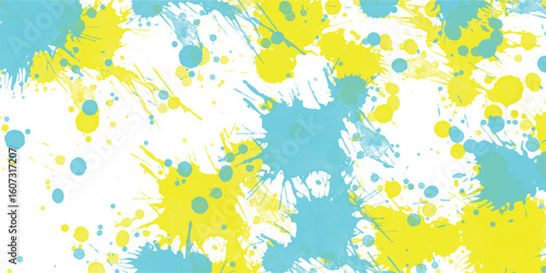 Colorful watercolor paint splatters and blots in vibrant yellow and cyan blue on a white background creating a dynamic abstract background for designs.