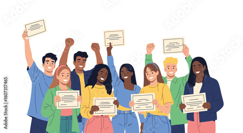 Diverse students celebrating academic success with certificates and joyful expressions