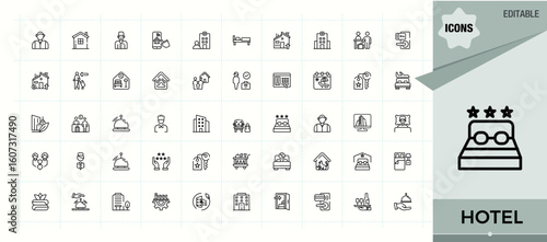 Hotel Service line icon set. Modern vector illustration. Includes thin line symbols hospitality, hostel, hotel, restaurant, reception, service. Pixel perfect. Editable stroke. Room Service icon pack.