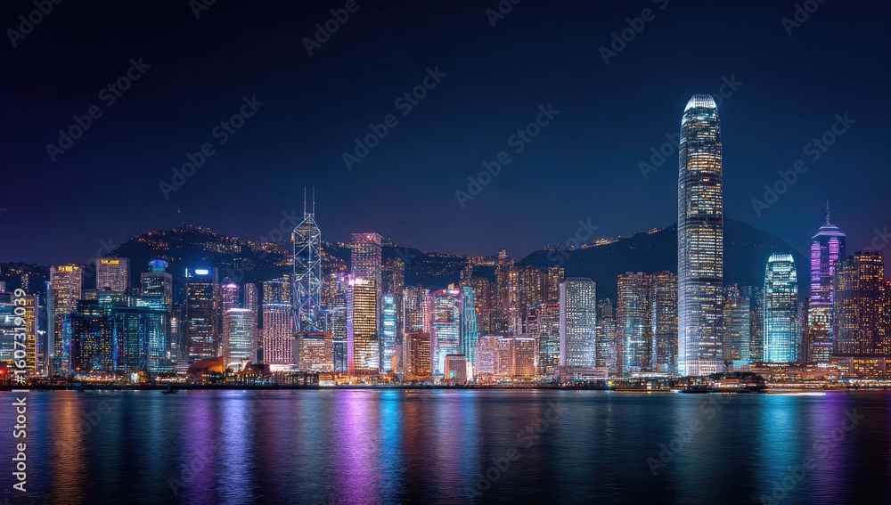 Fototapeta premium Hong Kong skyline at night with city lights and reflections