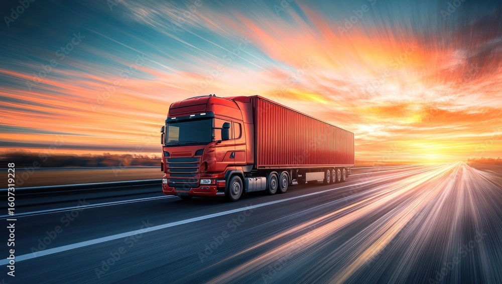 Red semi-truck on highway at sunset. Motion blur on road Red semi-truck on highway at sunset. Motion blur on road