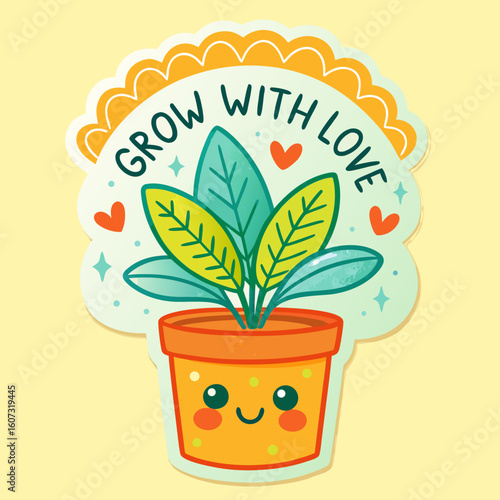 Grow with Love Sticker with Smiling Potted Plant – Cute Plant Lover Clipart in Kawaii Style for Stationery, Journals, and Garden Gifts.svg