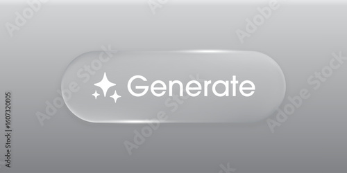 Modern generative AI button. Liquid glass button with generate symbol. Artificial intelligence. User interface element for ui ux design.  Transparent frames and buttons. Vector illustration.