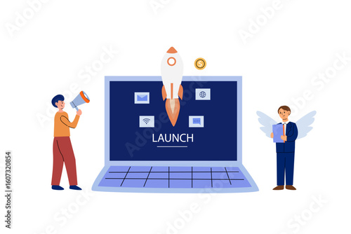 Startup launch and acceleration - business team with laptop, rocket, profit chart and megaphone. Flat illustration of teamwork and business growth.