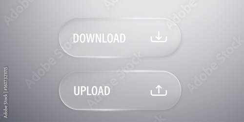 Set of up and download buttons in liquid glass style. Save and upload icon push button. Modern web user interface element for ui ux design. Transparent frames and buttons. Vector illustration.