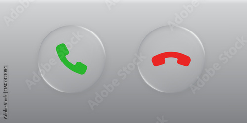 3D modern answer and decline phone call buttons in the style of liquid glass and glossy surface. Phone call. User interface element for ui ux design. Transparent frame and button. Vector illustration.