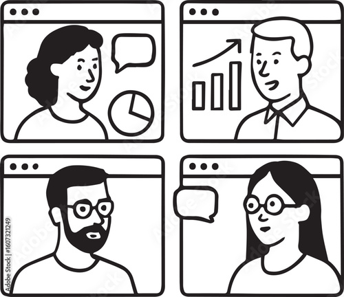 Vector illustration of diverse people in web page windows discussing statistical 