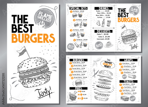 The best burgers menu - trifold leaflet template - letter format (8,5 x 11 inches) - vector illustration