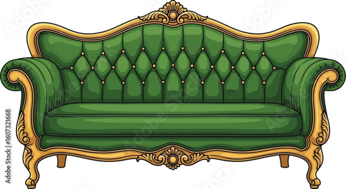 A luxurious green velvet sofa with golden ornate details creates a vintage and elegant ambiance, perfect for interior design projects and furniture illustrations.