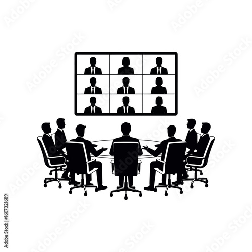Silhouettes of business people in a video conference meeting around a table business meeting conference call