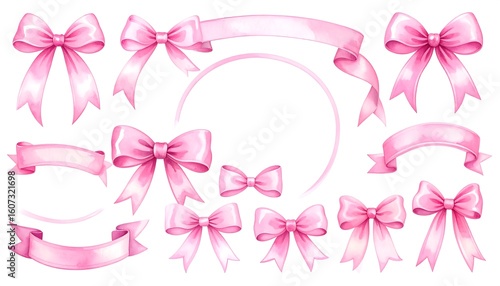 A collection of pink bows and ribbons on a white background