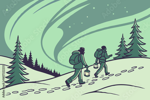 Aurora-lit snowshoe hike in Lapland, glowing green skies, trekkers carrying lanterns, and footprints trailing through deep snow, modern flat illustration style