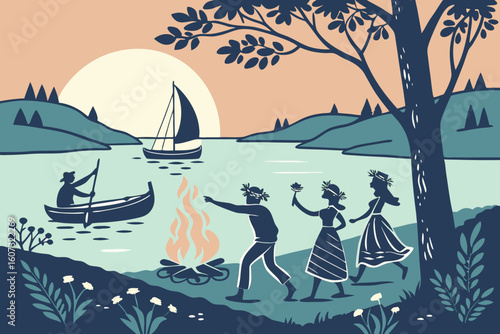 A family ice fishing on a frozen lake, a small tent, holes drilled in the ice, and a thermos of hot chocolate, modern flat illustration style