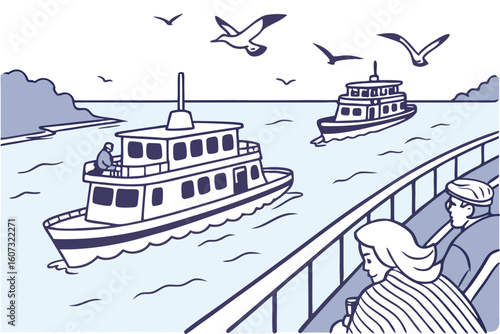 Ferries sailing through the Helsinki archipelago, seagulls overhead, passengers enjoying coffee on the deck with wind in their hair, modern flat illustration style
