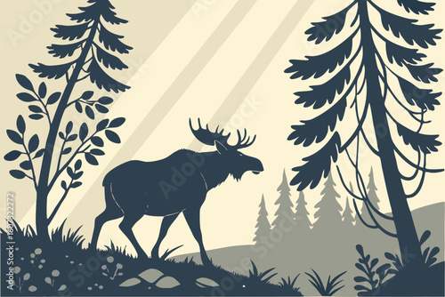 A moose standing in a misty forest clearing at dawn, wild blueberries on the ground, and sunlight breaking through pine branches, modern flat illustration style