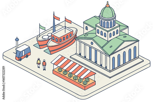 Market Square in Helsinki with food stalls selling salmon soup, rye bread, and fresh berries, ferries docking nearby, modern flat illustration style