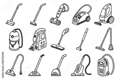 Collection of black and white line art vacuum cleaner icons cleaning household