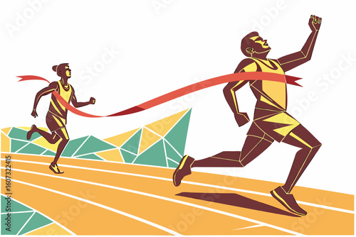 Illustration of two runners competing in a race with one breaking the finish line ribbon first