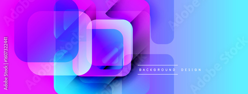 Abstract vibrant rectangles overlap. Gradient colors shift from purple to blue. Modern design elements create dynamic visual effect.