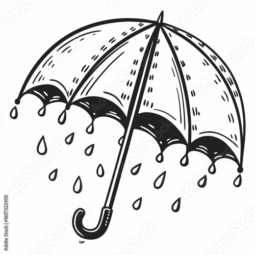 Illustration of a black and white umbrella with raindrops falling down in a simple line drawing style