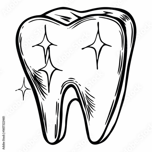 Illustration of a molar tooth with sparkling stars, showcasing dental health and cleanliness in black and white