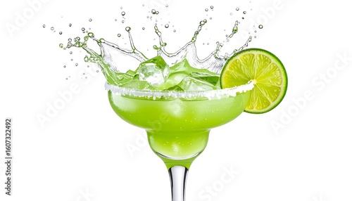 Refreshing margarita cocktail with splashing liquid and lime garnish on a white background
