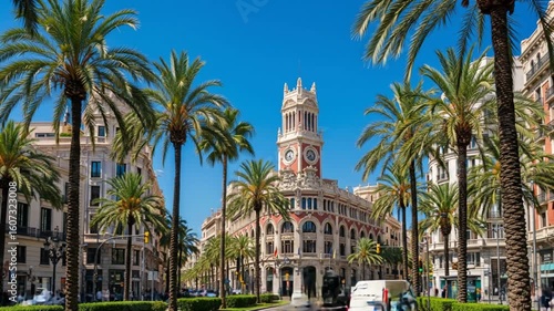 Historic Plaza de Luceros in Alicante, Spain, featuring a striking clock tower surrounded by lush palm trees under a bright blue sky.