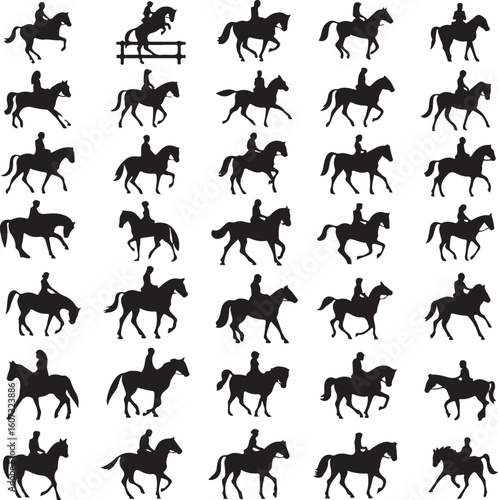 Equestrian silhouettes of riders on horses horse riding