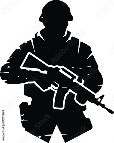 Silhouette of soldier holding rifle, grunge style, serious mood, military graphic, vector illustration.